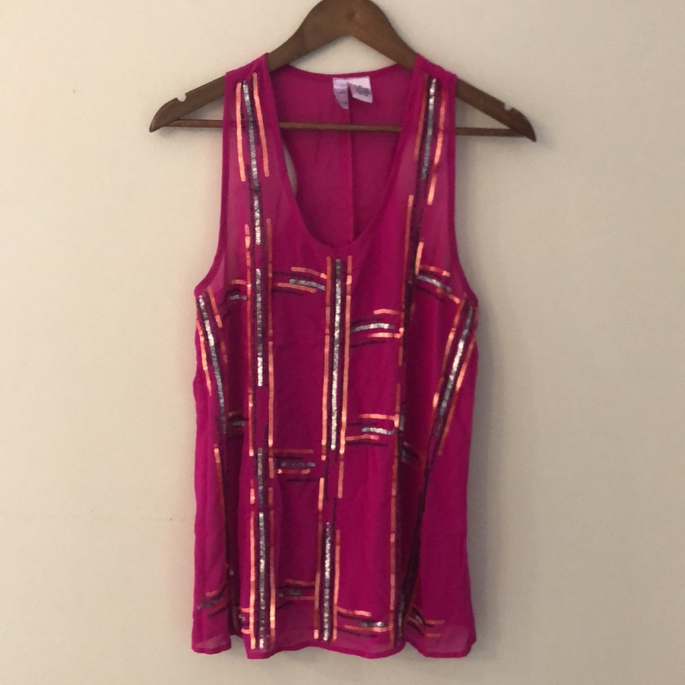 Alya Pink silky sequined tank top deep scoop neckline solid racer back SZ Med